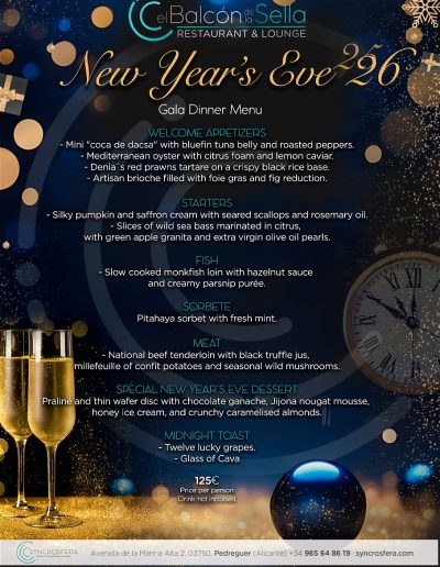 New Year’s Eve dinner at El Balcón de La Sella with gala menu and midnight toast.