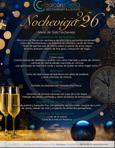 Cena de Nochevieja en El Balcón de La Sella con menú de gala y brindis de medianoche.